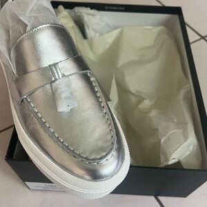 🆕💚 J Slides | Silver Leather Goliath Size 10. Metallic Loafers with Chunky Sole